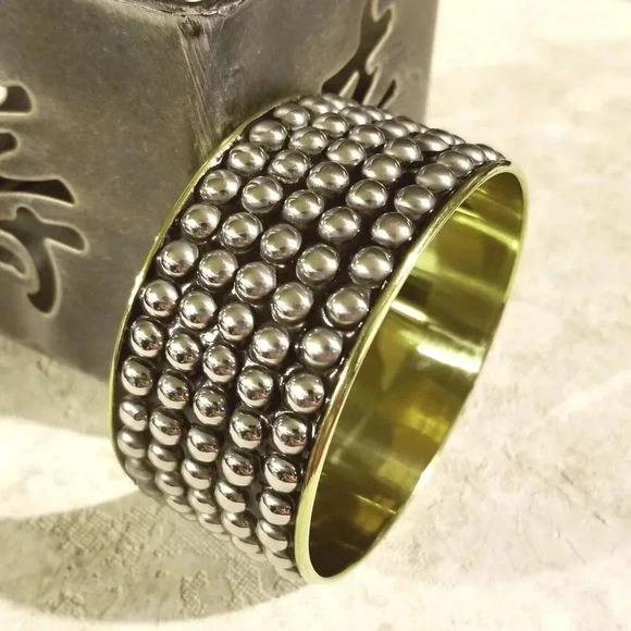 Mid Century Style India Brass Bangle Bracelet Silver Black Geometric Dot Accents - Picture 1 of 6
